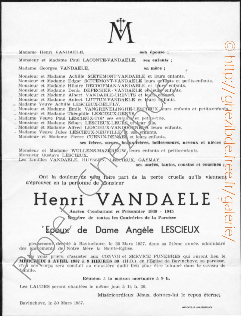Henri VANDAELE époux de Dame Angèle LESCIEUX, décédé à Bavinchove, le 30 Mars 1957 (50 ans)